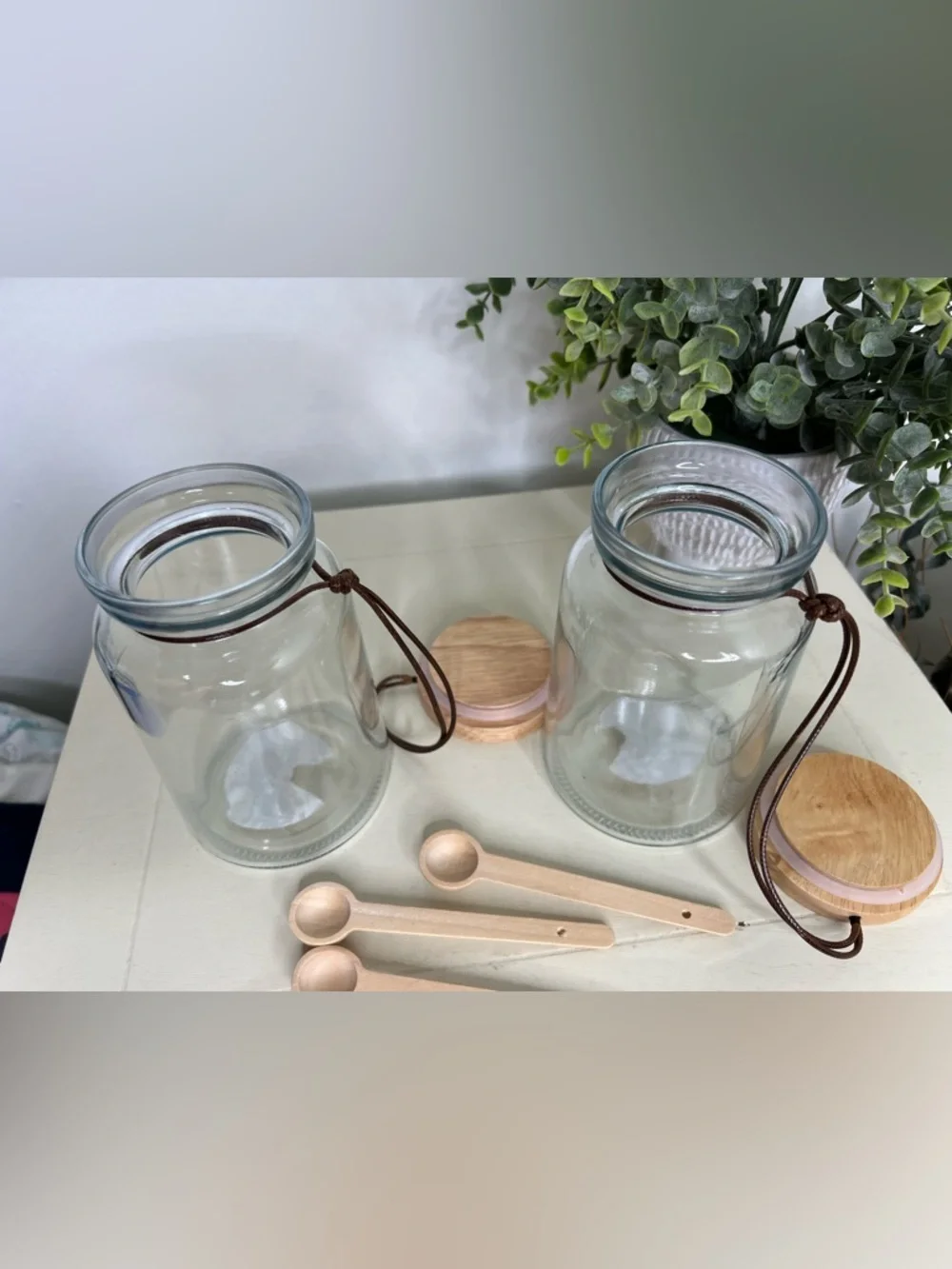 Brand New-Set of 2 Glass Jars with Wood Lid & Spoon